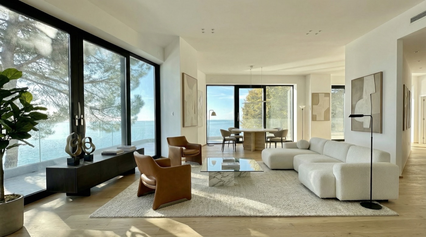 Trieste Villas — modern penthouse living room with sea view on the Trieste coast