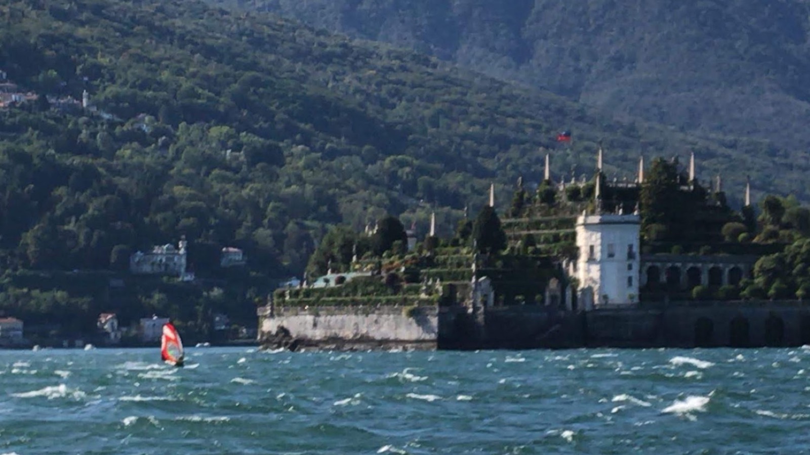 Windsurfing on Lake Maggiore with Isola Bella in the background